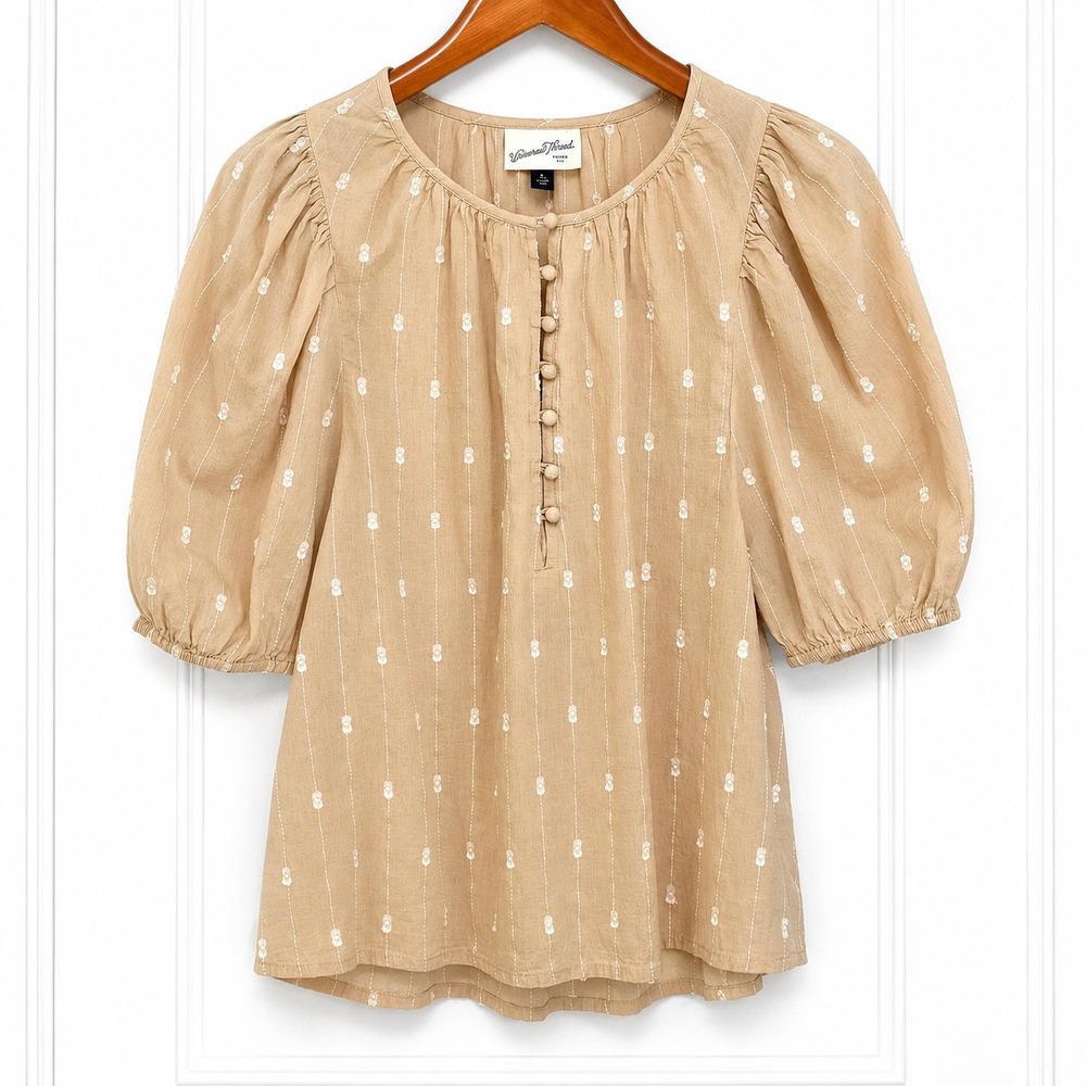 Universal Thread Tan Dobby Stripe Puff Sleeve Button Front Blouse Top Medium